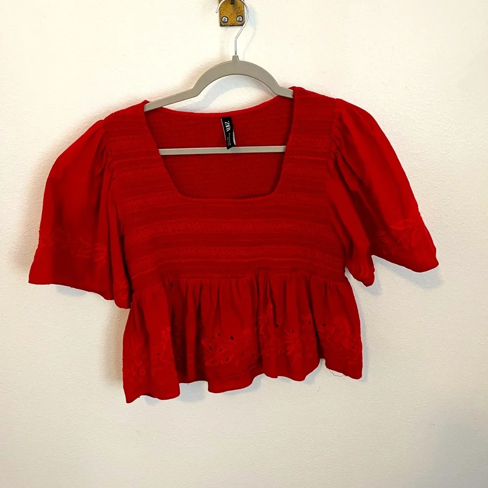Zara Linen Crop Ruffle Top - Picture 1 of 5